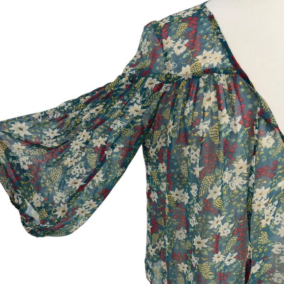 Pins & Needles Anthropologie Sheer Floral Blouse Teal Multicolor Size Small - Picture 6 of 11